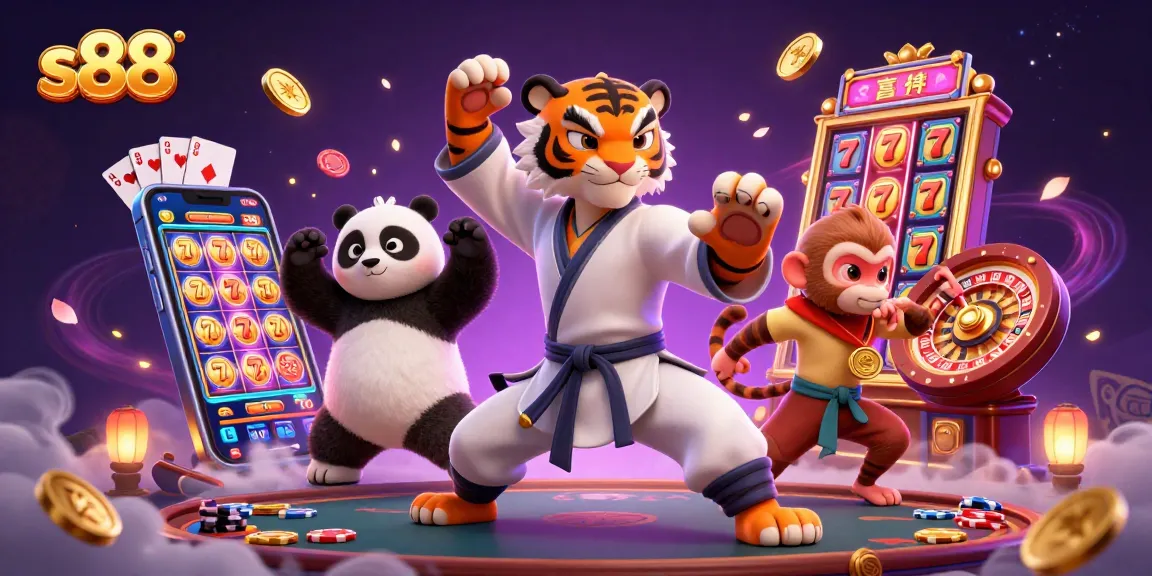 Win big at s88 with a colorful scene of a kung fu tiger master, a panda, and a monkey celebrating casino games.