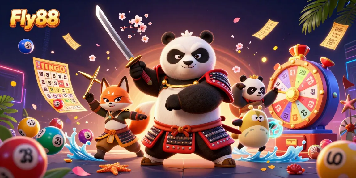 Engage with thrilling Fly88 gaming adventures as a samurai panda draws a katana amidst vibrant lottery elements.