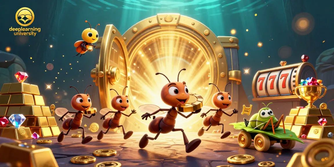 deeplearninguniversity showcases a lively casino heist scene with animated ants and vibrant treasures