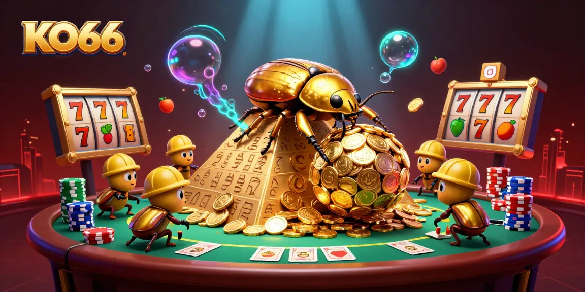 Enter the exciting world of KO66's casino games with golden beetles rolling jackpots and vibrant poker elements.