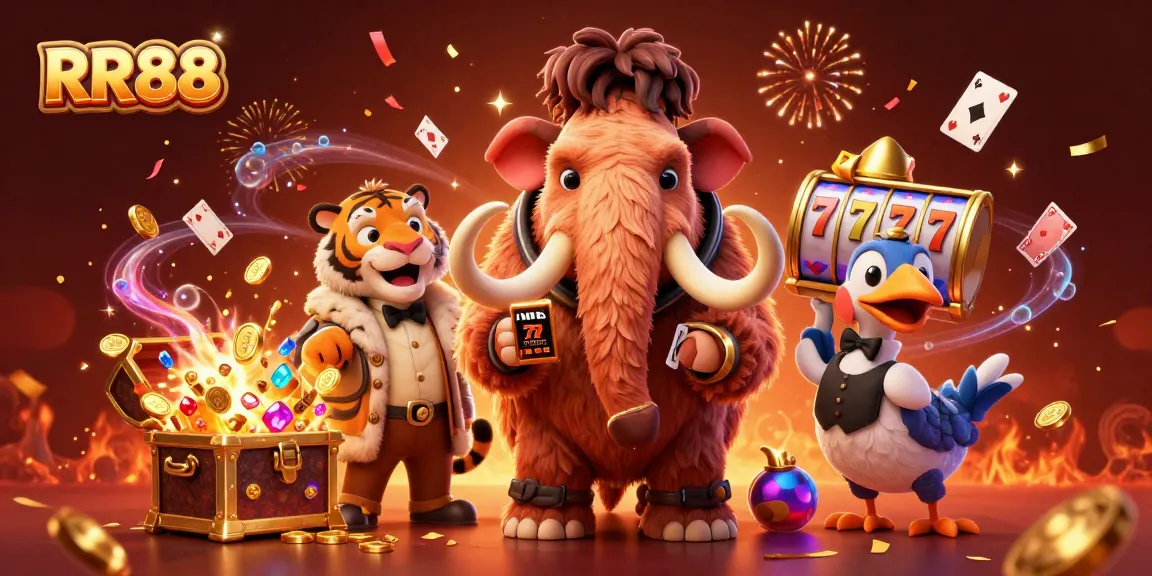 RR88 showcases a vibrant casino scene with a woolly mammoth bouncer, creating a secure entry for players.
