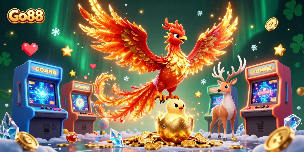 Experience exciting gaming with Go88 featuring a fire phoenix, baby phoenix, and mystical stag in a vibrant casino illustration.
