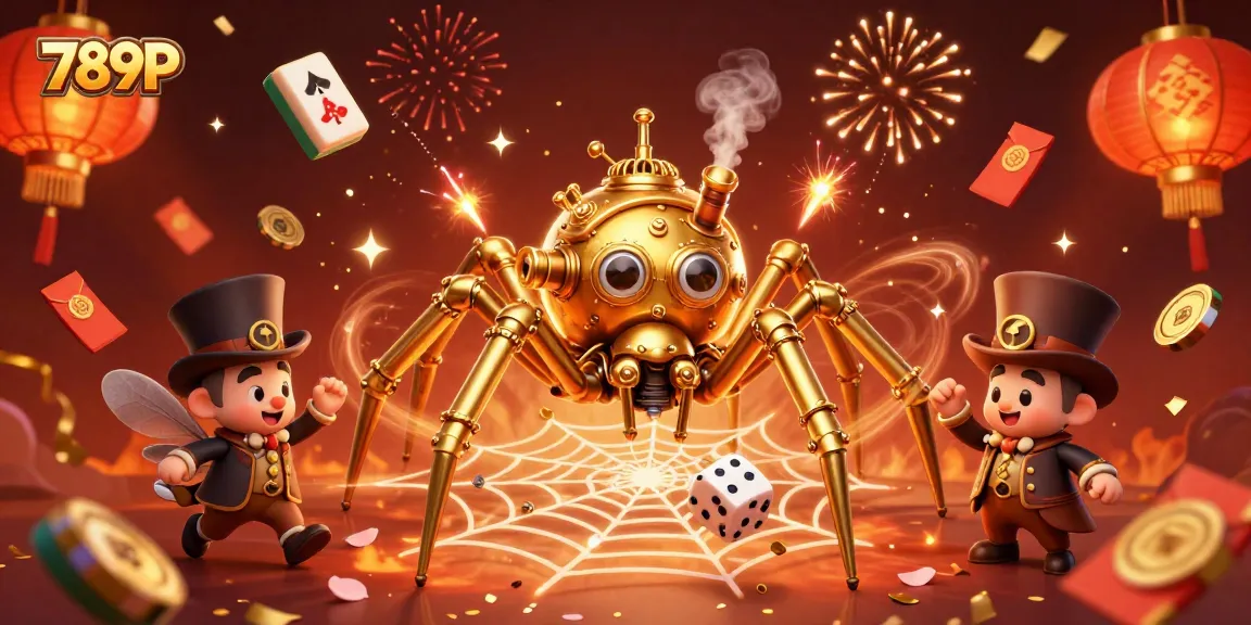 Experience 789P as a steampunk spider entangles dice in a vibrant, festive casino scene.