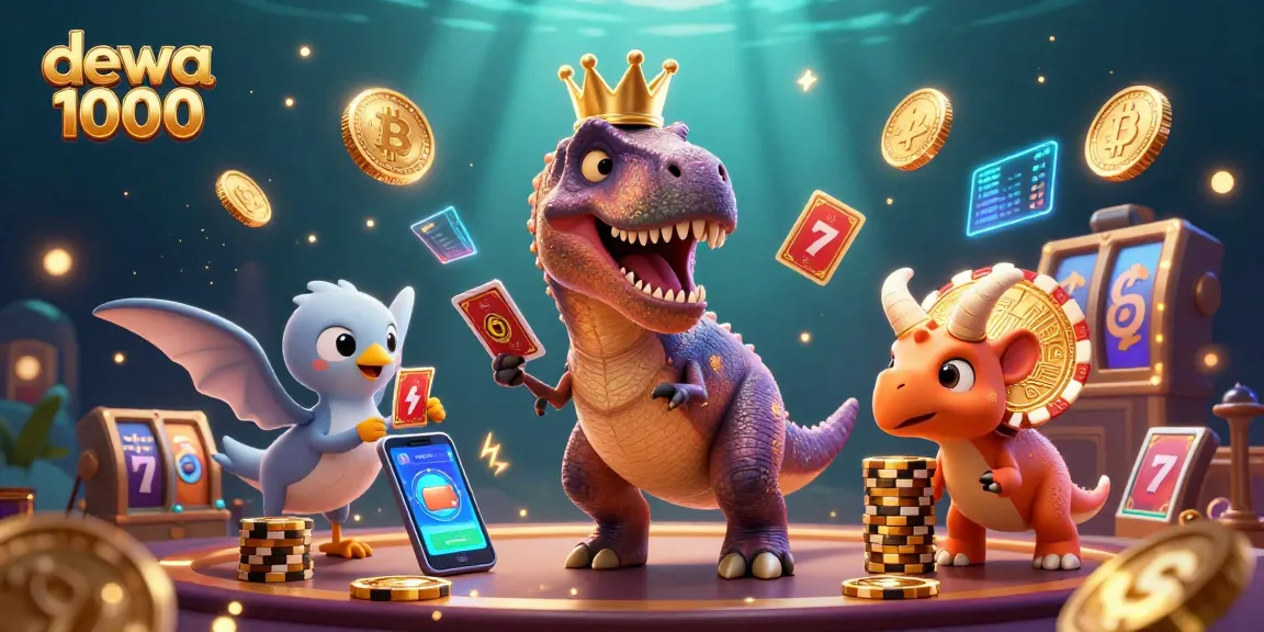 Engage with dewa 1000 in a dynamic casino scene with a playful T-Rex shuffling cards and vibrant elements.