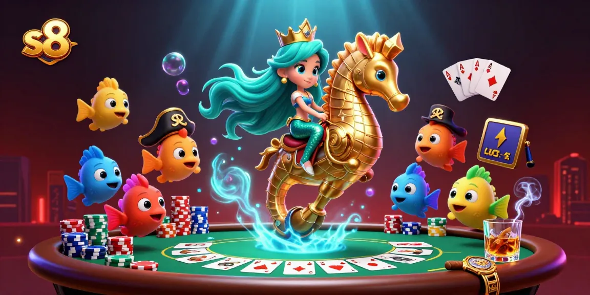 S8 players enjoying a thrilling poker game featuring a mermaid princess and seahorse amidst vibrant undersea action