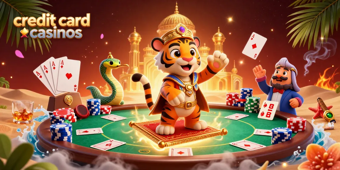 Experience the excitement at credit card casinos with a colorful Arabian Nights-themed scene featuring a tiger sultan.