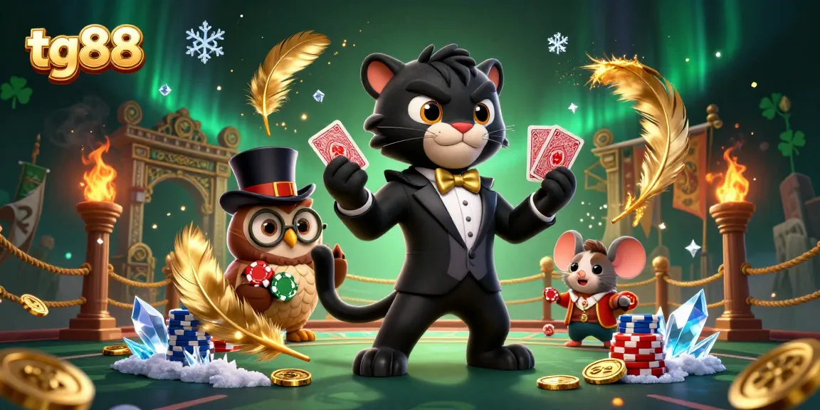 Join the fun at tg88 with a stylish panther dealer, owl with poker chips, and lucky mouse!