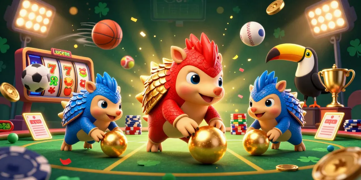 Experience lively gameplay with LUCKY88 in a packed scene of rival pangolins, poker chips, and vibrant slot reels.