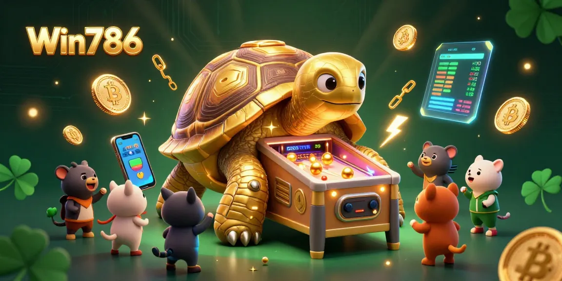 Engage with Win786's vibrant 3D casino illustration showcasing a colossal golden tortoise pinball machine thrilling excited players.