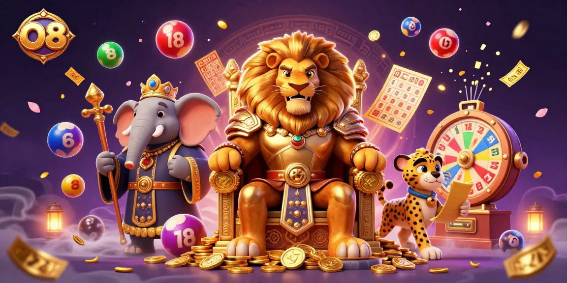 O8 Casino experience with a lion king, wise elephant, and cheetah amidst a vibrant lottery scene.
