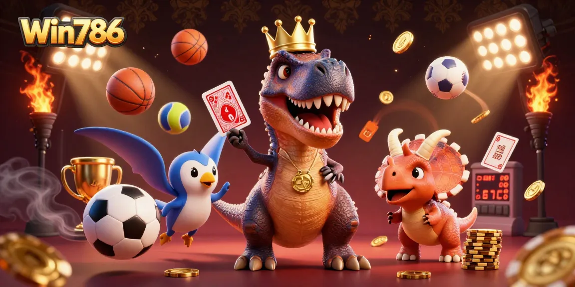 Win786 showcases a thrilling 3D casino scene with a T-Rex shuffling cards amidst dynamic sports elements.
