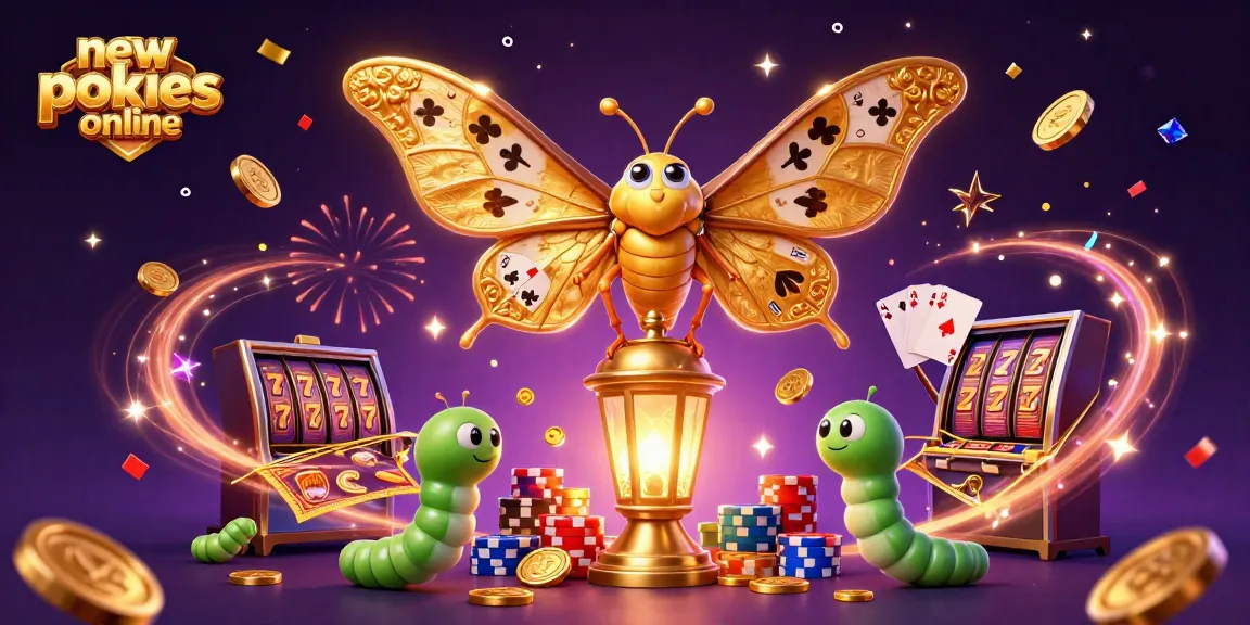 Experience the excitement of new pokies online with a vibrant 3D illustration of a giant moth and slot machines.