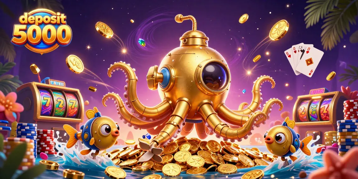 Spin the reels with deposit 5000 for exciting slot machine adventures in this vibrant illustration.