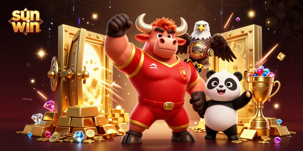 Win big with sun win in this vibrant casino scene featuring a bull, eagle, and panda.
